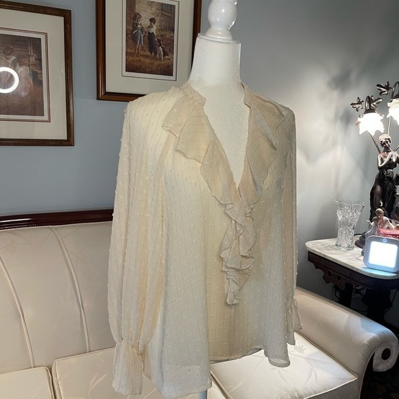 Zara Crème Ruffle Textured Button Down Blouse Size Medium - Picture 5 of 12